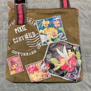 Disney Tinkerbell Crossbody Bag, Purse, Travel Stamps, Olive Green, Vegan